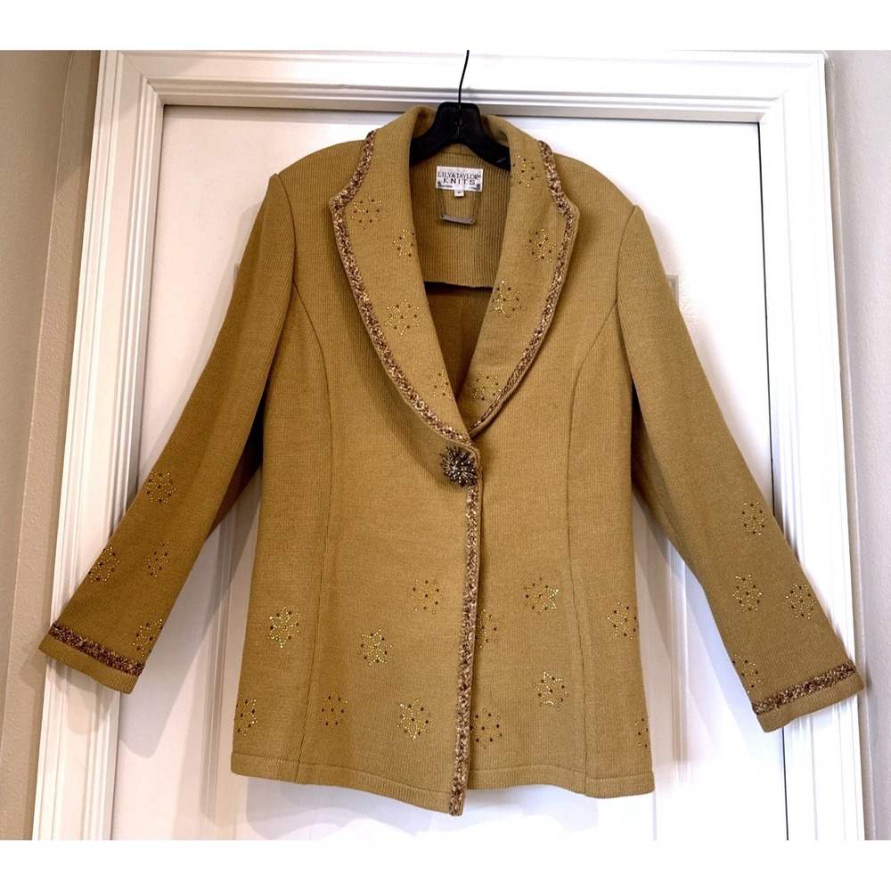 Lily & Taylor Knits Camel Wool Blend Beaded Rhinestone Cardigan Jacket Size 12